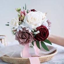 Dusty Blue Wedding Bouquets For Bride Bridesmaid, White Wedding Artificial Roses Flowers For Wedding Bouquets Ceremony, Anniversary - Burgundy & Dusty Rose - View 1