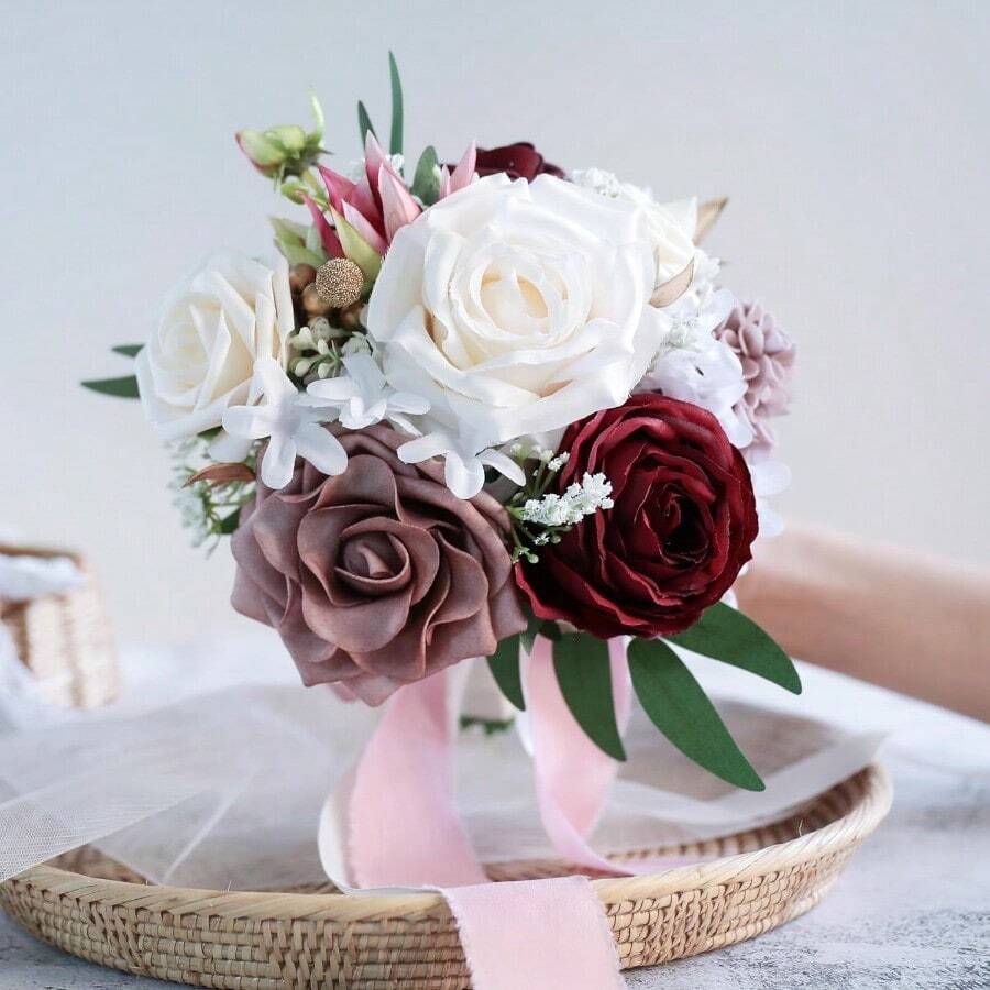 Dusty Blue Wedding Bouquets For Bride Bridesmaid, White Wedding Artificial Roses Flowers For Wedding Bouquets Ceremony, Anniversary - Burgundy & Dusty Rose - View 1