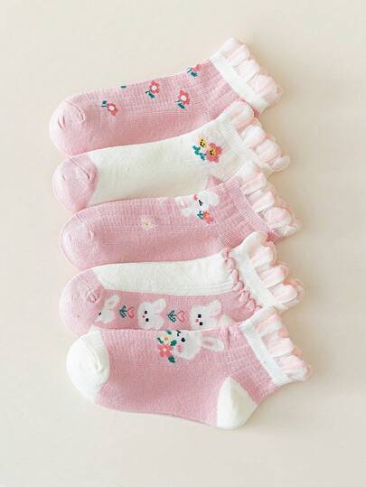 5 Pairs Girls' Thin Ankle Socks For Autumn - Breathable Cartoon Rabbit Pattern, Lightweight Socks For All Seasons, Casual Socks, Fun Socks