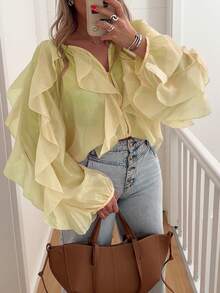 Ruffle Layered Blouse For Women Long Sleeve Tie Front Chiffon Shirt Flowy V Neck Mesh Top Coquette Streetwear - 黃色 - 查看 1