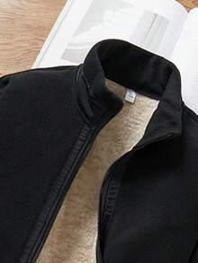 Men's Solid Color Simple Casual Zip-Up Jacket With Thermal Lined For Outdoor, Plush And Thickened Jackets,Men Winter Clothes,With Pockets, Suitable For Boyfriend/Husband Everyday Wear, Autumn/Winter - 黑色 - 查看 4