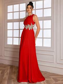 女士优雅奢华3D立体花卉高开衩晚礼服，派对礼服，婚礼宾客礼服，春季正式礼服 - 紅色 - 查看 7