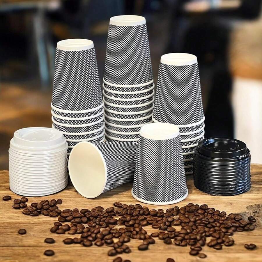 HOT BARGAINS 100 X 8oz / 230ml Disposable Coffee Cups With Lids Leak Proof Triple Layered Ripple Paper Cups Takeaway Cups For Hot And Cold Drinks - 黑色 - 查看 1