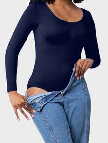 1 st svart sömlös rund halsringning med långa ärmar, heltäckande och bekväm kroppsdel för kvinnor - Blå - Visa 6