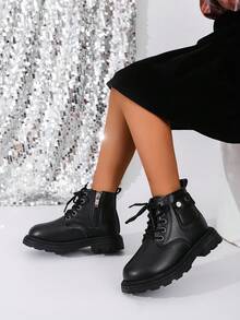 2025新款女童靴子适合秋冬四季穿英伦风儿童软底踝靴男童皮靴幼儿靴 - 黑色 - 查看 2