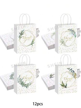 Sacolas de Agradecimento de Casamento com Design Floral e de Folhagem, Sacolas de Presente de Papel com Alça para Decoração de Festa de Casamento, Chá de Panela, Aniversário