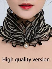 1件仿珍珠吊坠围巾项链印花蕾丝领口雪纺假领连衣裙 - 黑與白 - 查看 3