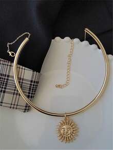 1 件几何椭圆形吊坠项链，休闲时尚百搭配饰 - 金黃色 - 查看 1