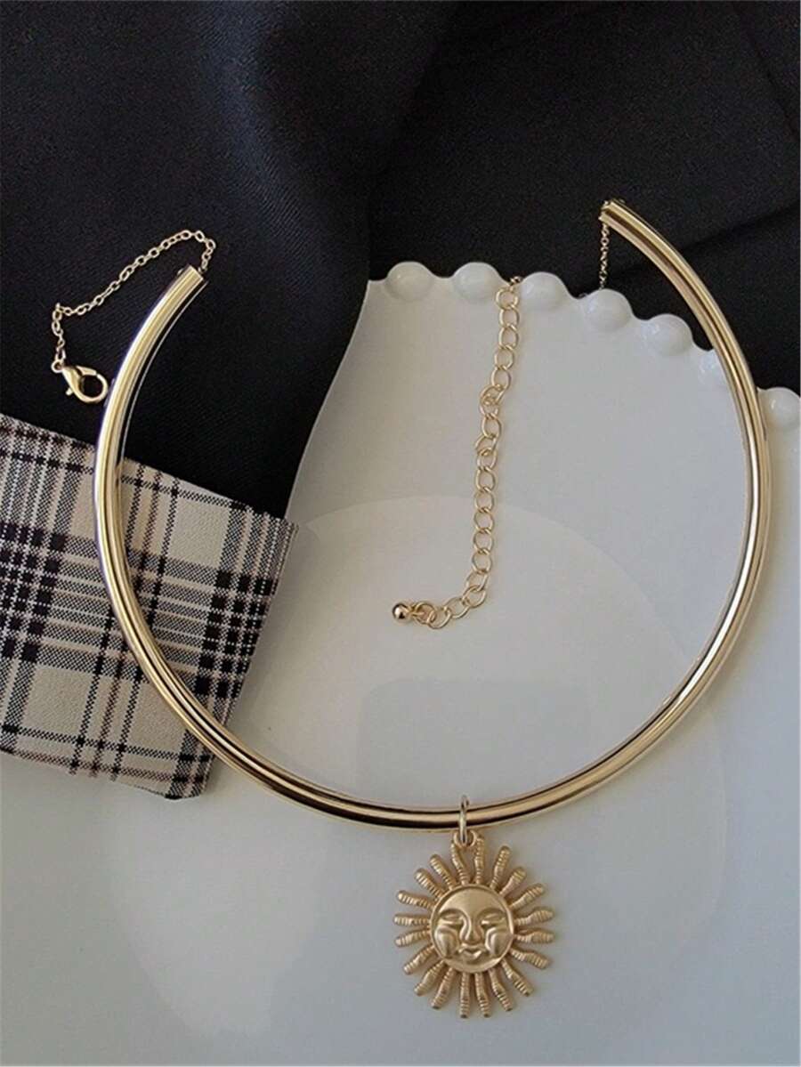 1 件几何椭圆形吊坠项链，休闲时尚百搭配饰 - 金黃色 - 查看 1