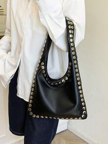 冬季新款时尚经典百搭纯色辣妹风pu包，防水面料大容量单肩包，机车风铆钉镶嵌设计单肩包，适合旅行、购物、节日、聚会和约会。 - 黑色 - 查看 3