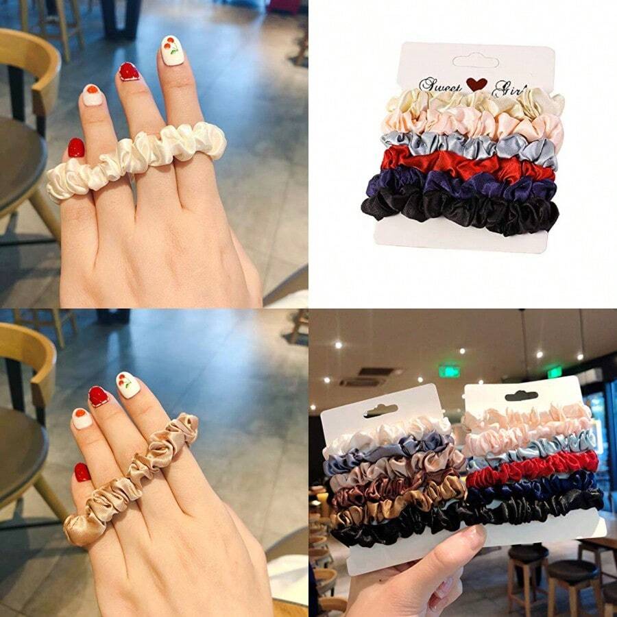 Silk Hair Scrunchies Small Silk Scrunchy Skinny Hair Ties Bows Elastics Hair Bands Soft Scrunchy Hair Tie Ropes Ponytail Holder For Women Girls Hair Accessories 6 Pack Elegant - 如圖 - 查看 1