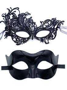 2 Peças Máscara de Casal de Renda Preta e Plástico para Festa de Máscaras, Adequada para Homens e Mulheres Participarem de Baile de Máscaras, Festa de Halloween