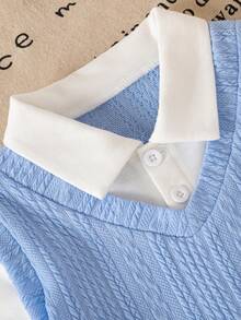 Baby Boys Knitted Jacquard Letter Embroidery Collar Mock Layer Top + Bow Decor Solid Color Casual Pants Set - Baby Blue - View 6
