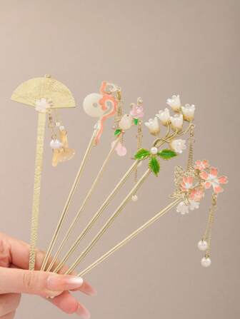 5個/1個 ジェイドウサギのヘアクリップ、蝶のヘアピン、吉祥雲と花のヘアアクセサリー、ミニマルでエレガント、合金素材、使いやすい、素敵なギフト、お団子ヘア、お団子ヘアメーカー、お団子ヘアピース、ヘアスタイリングピン、ヘアピン、クロージャークリップ、ボビーピン、ヘアピン、バケーションアウトフィット女性