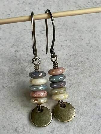 1 Pair Handmade Beaded & Rusted Metal Plate Round Vintage Earrings, Creative Women Mini Stone Beading Retro Earrings