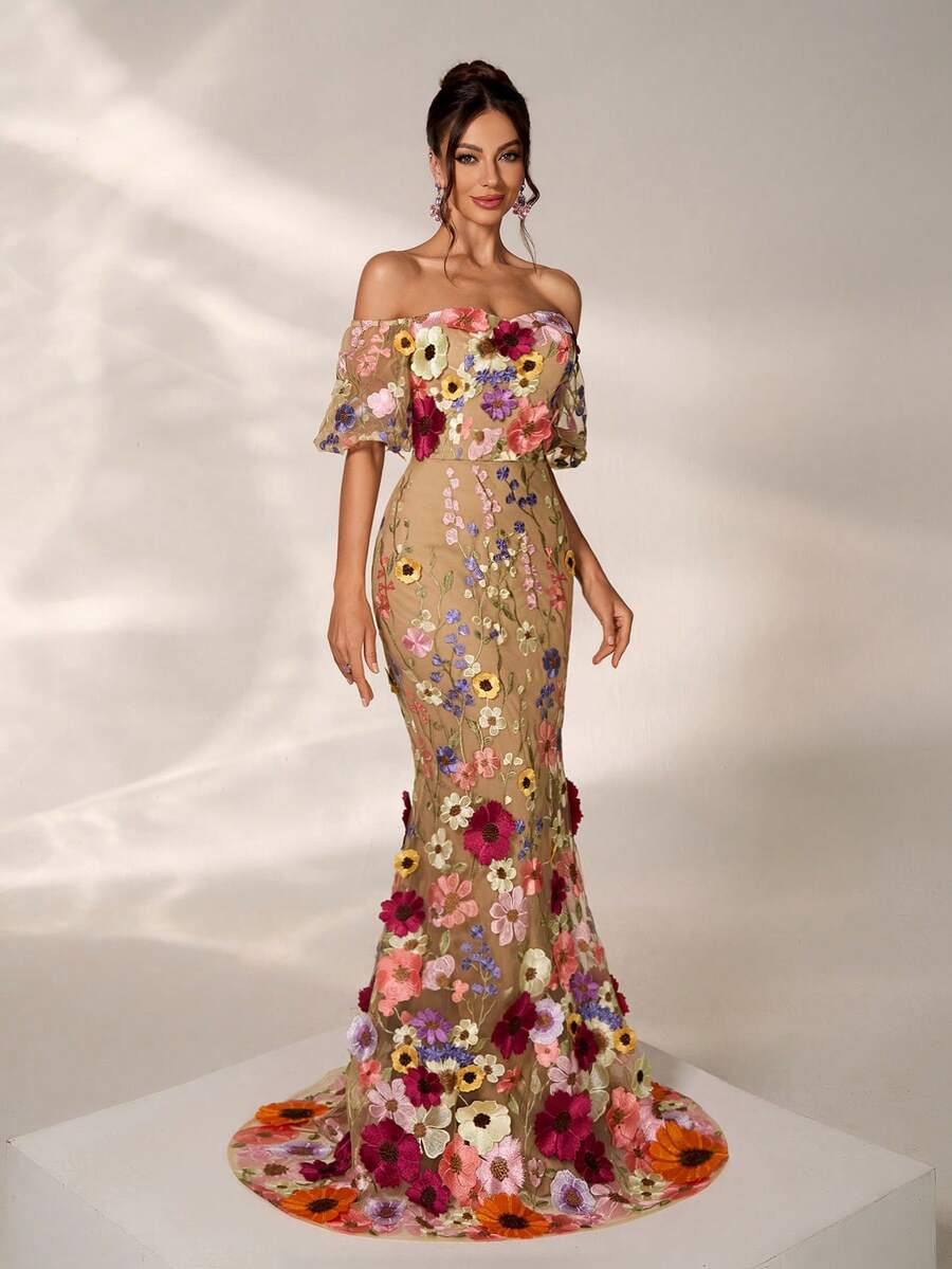 Elisanya Váy dạ hội dài trễ vai, hở vai, thêu hoa 3D sang trọng, lãng mạn, thanh lịch, trang trọng cho khách dự tiệc cưới, tiệc sinh nhật - Nhiều màu - Xem 1