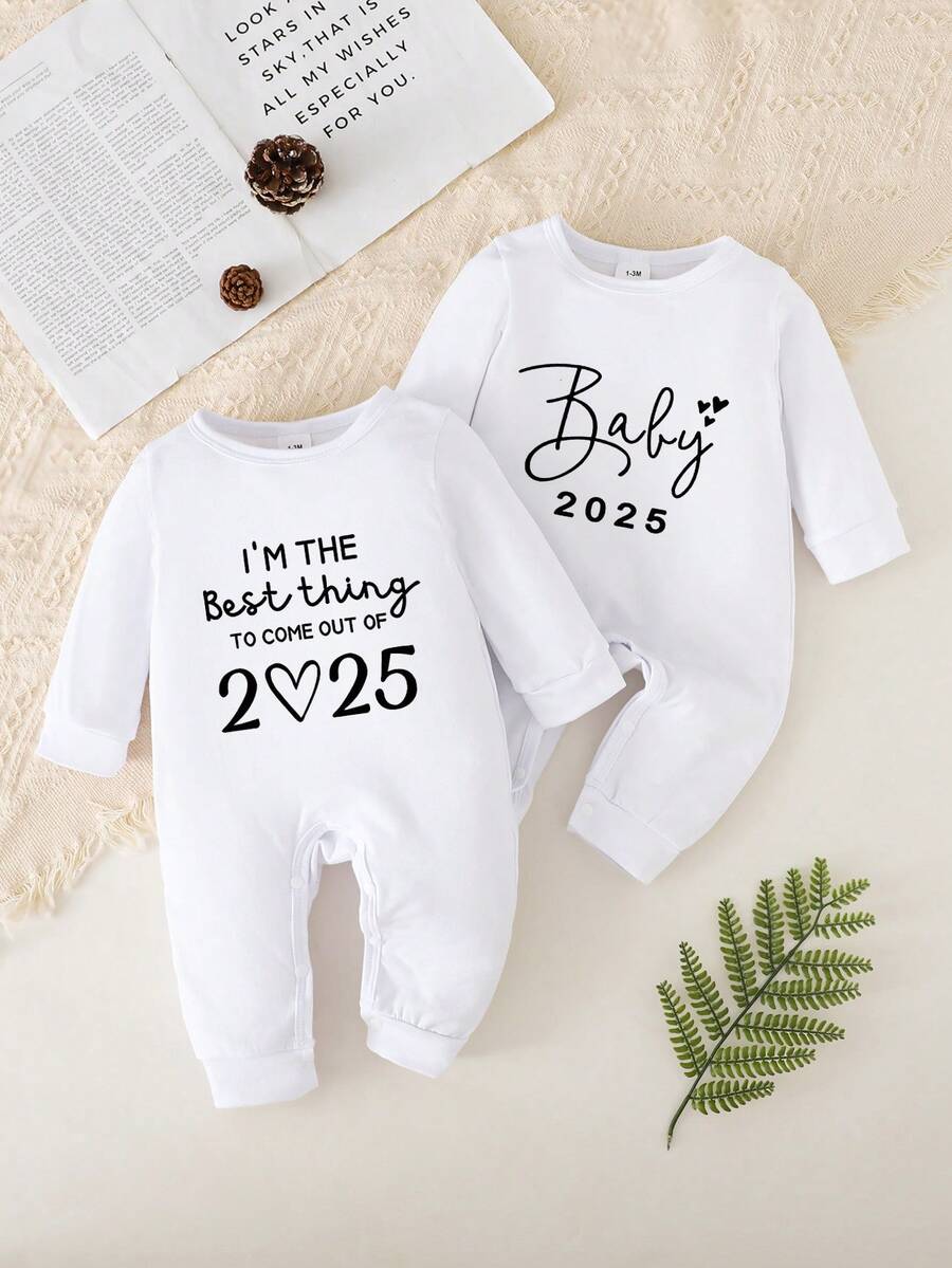2 件装男婴 - “Baby 2025”字母印花,柔软长袖连体衣,适合男孩和女孩,可机洗,非常适合户外 - 白色 - 查看 1