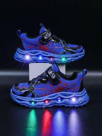 Zapatos deportivos con tela transpirable con diseño de telaraña luminosa LED, adecuados para niños y niñas - Casual, con amortiguación de impactos, aptos para todo el año y antideslizantes para correr y caminar al aire libre