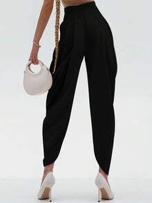 UREREM Quần nữ xếp ly màu trơn, kiểu dáng thường ngày, thời trang và tối giản, thích hợp cho mùa xuân/hè, chất liệu vải dệt mờ mật độ cao 120G, thiết kế tinh tế, tạo hiệu ứng thon gọn, màu đen cao cấp. - màu đen - Xem 2