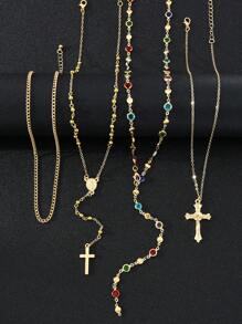 4-In-1 Vintage Elegant Fashion Hip Hop Retro Coin Rhinestone Cross Pendant Tassel Long Necklace Set, Unique Layered Choker Necklace For Women, Suitable For Summer, Party, Formal Occasion, Daily Wear