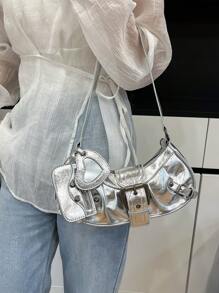 1 件女式复古机车朋克风格铆钉装饰可调节肩带大容量柔软仿油皮革渐变色单肩腋下包，适合工作、通勤、约会、派对