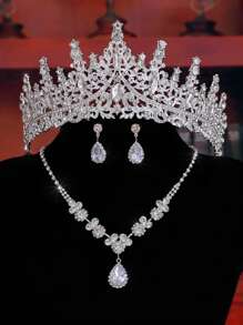 Set de bijuterii elegante și luxoase cu colier și cercei cu coroană, 4/3 buc., potrivit pentru spectacole, nunți cu flori, petreceri de prințesă, ceremonii de premiere, prezentări de modă și alte ocazii, set de bijuterii decorative și accesorii de păr pentru copii, în stil regal la modă.