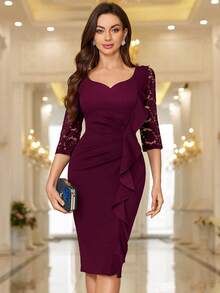 MIUSOL Đầm ôm body dự tiệc cocktail cổ tim ren hoa tương phản cổ điển, tay áo 3/4, viền bèo nhún, đầm bút chì, đầm công sở, đầm mặc đi làm - Màu Đỏ Sâu - Xem 1