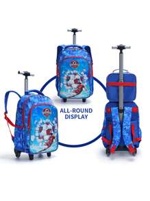 BLING BABIES 3pcs/Set Rolling Backpack, Sky Blue Football Pattern, Student School Bag With Lunch Box And Pencil Case, Suitable For Daily Commute, Reflective At Night - Royal Blue - View 4