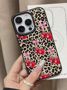 1pc Cute Vintage Leopard Print, Cherry Heart Pattern, Litchi Texture Anti-Drop Anti-Slip Soft Phone Case, Compatible With Apple And Phones Waterproof Shockproof Scratch Resistant - Multicolor - View 3