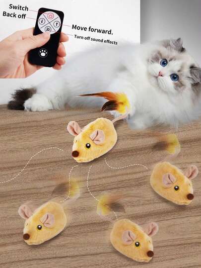 1pc Yellow Automatic Electric Mouse Toy, Remote Control Interactive Cat Toy, Movable Plush Mouse Pet Toy, Stimulates Cat's Hunting Instinct, USB Rechargeable, With LED Light