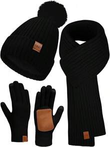 Halloween Decor Winter Beanie Hat Scarf Gloves Set, Fleece Lined Beanie Pom Long Scarf Neck Warmer Touchscreen Gloves Women Men - 黑色 - 查看 1