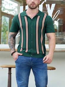 Men's Short Sleeve Knitted Button Down Polo Collar Striped Sweater Casual Fashion Spring Summer Daily Wear Outdoor Streetwear Club Party Wear Men Knit Shirt Classic Fit Stylish Men's Top Crewneck Knitwear Lightweight Men's Clothing Versatile Men's Apparel Regular Fit Men's Sweater Short Sleeve Knit Cardigan For Men Men's Fashion Item - Dark Green - View 6
