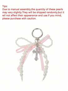 Y2k 粉红丝带蝴蝶结珍珠钻石十字架吊坠钥匙扣，精致的少女包饰，适合女孩、学生和的可爱包饰 - 适合背包、钱包、手机、礼品袋和日常学校使用的精美配饰，也可作为礼物赠送给朋友、生日礼物、教师节礼物、返校季节。