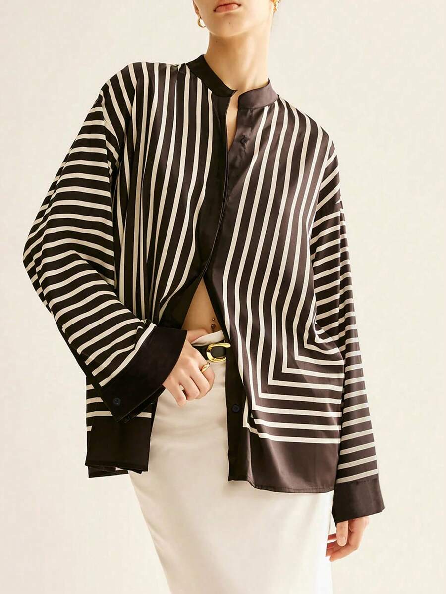 女士时尚优雅休闲条纹衬衫 - 黑與白 - 查看 1