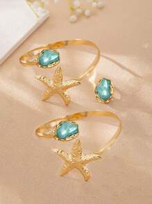 3 Stücke Boho-Stil Mode gehämmerte Metall Seestern Faux Barock Perle Armband Armreif Ring Set, Frauen Sommer Urlaub Party Schmuckset