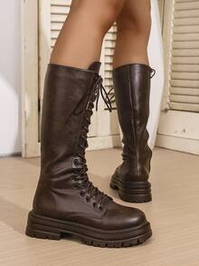 新款女士棕色休闲户外纯色简约西部风格仿PU皮鞋面舒适内里系带侧拉链复古防滑厚底中筒靴，春秋季，派对 - 棕色 - 查看 7