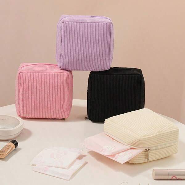1pc Elegant Velvet Menstrual Pad Storage Bag - Portable, Durable Sanitary Pad Pouch With Zipper Closure, Available In Pink, Grey, Black And Beige, Suitable For Travel And Daily Use, Travel Essential | Elegant Zipper Closure | Durable Fabric, Sanitary Pad Storage Bag, Portable Cosmetic Bag