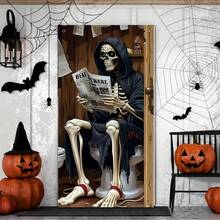 1 pièce Bannière de fond avec crâne 2D plat et motif journal, convient pour la décoration de fête d'Halloween, de jardin, de maison, de studio photo, d'anniversaire, de chambre, de cour, en tissu de polyester