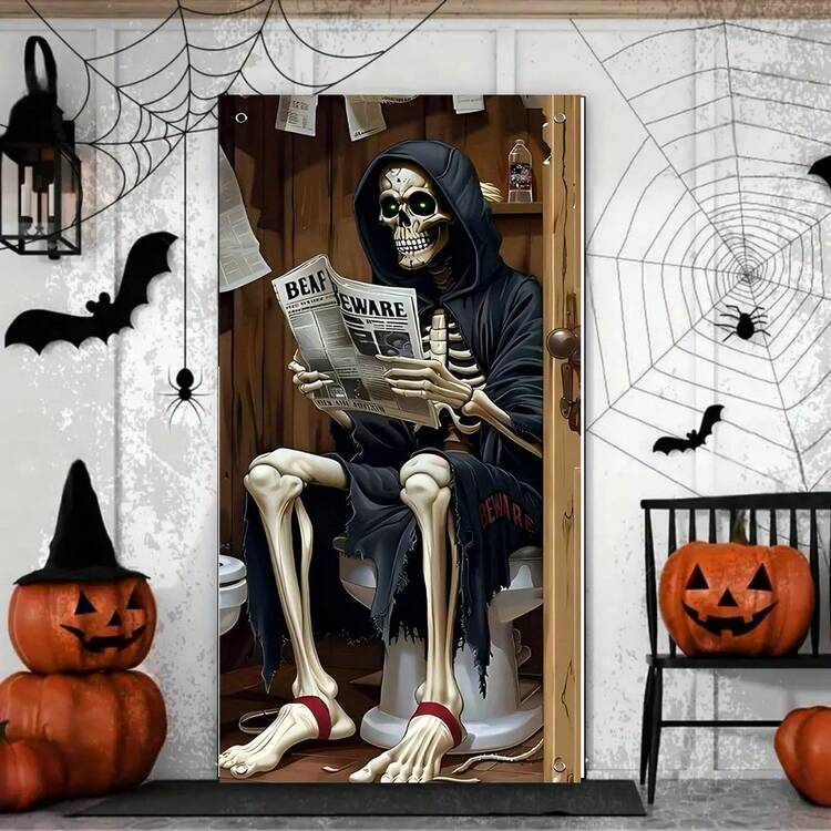 1pc2Dflat 骷髅报纸阅读背景横幅，适用于万圣节派对装饰、花园装饰、家居装饰、影楼摄影背景、周年纪念、房间装饰、庭院装饰、涤纶面料 - 彩色 - 查看 4