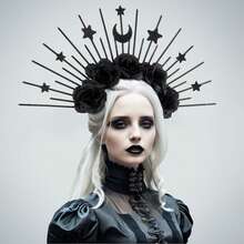 1 件哥特式黑女巫玫瑰头带，金色太阳和月亮发饰，万圣节舞台表演服装道具 - 彩色 - 查看 1