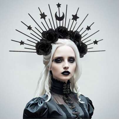 1pc Gothic Black Witch Rose Headband, Gold Sun & Moon Hair Accessory, Halloween Stage Performance Costume Prop