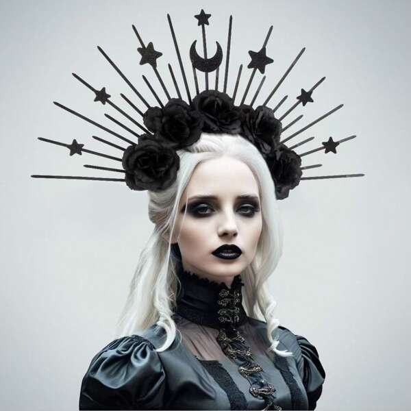 1pc Gothic Black Witch Rose Headband, Gold Sun & Moon Hair Accessory, Halloween Stage Performance Costume Prop