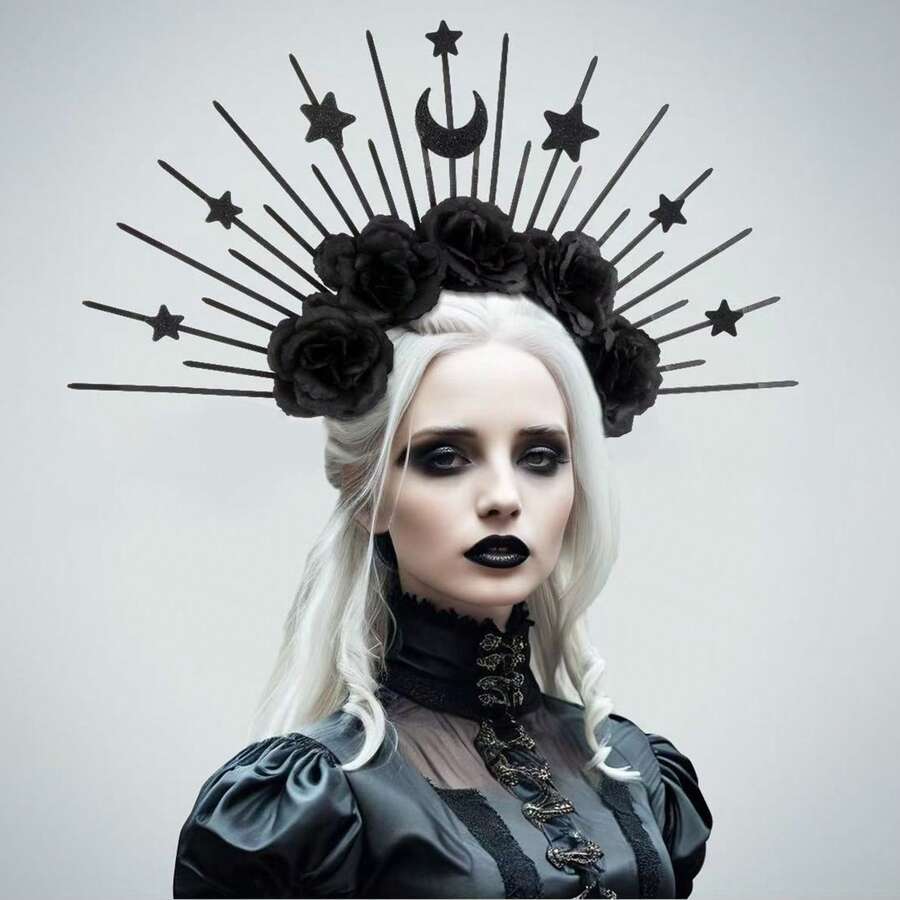 1 件哥特式黑女巫玫瑰头带，金色太阳和月亮发饰，万圣节舞台表演服装道具 - 彩色 - 查看 1