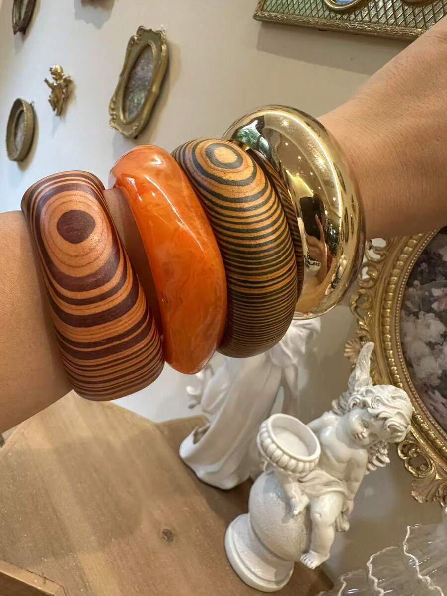 1 件新款时尚简约夸张不对称几何方形树脂手链，琥珀色和橙色扎染双色，可堆叠木质手链，适合日常、度假、派对场合（木质手链采用纯天然颗粒制成，内径约为 58-60 毫米，购买前请仔细检查尺寸，尺寸问题不接受退货） - 彩色 - 查看 1