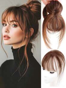 棕黑色夹式刘海接发假发合成假发细刘海发夹刘海带鬓角假发弧形刘海