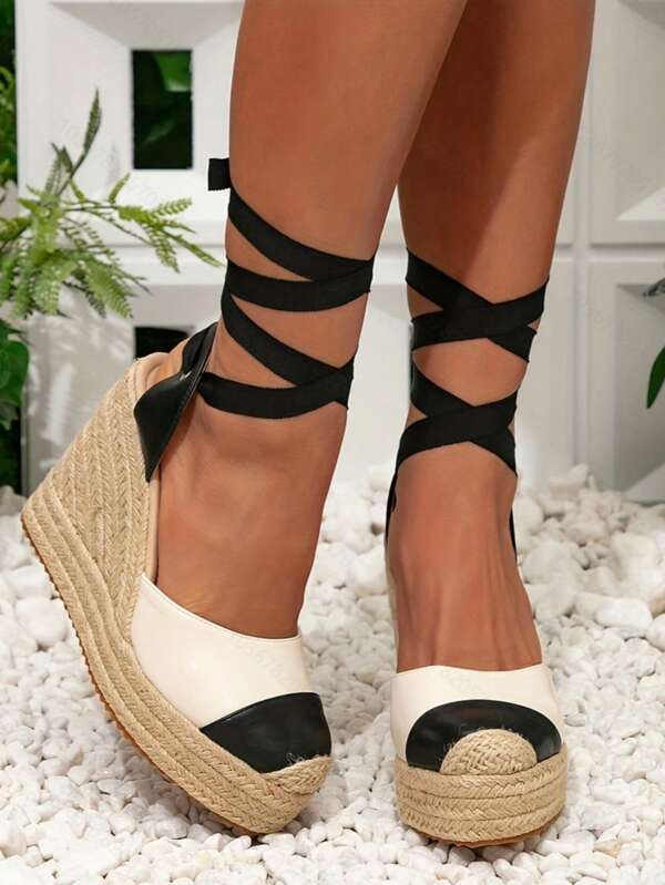 Sandali con zeppa casual da donna, con tomaia intrecciata e suola spessa, chiusi con punta, bicolore, con lacci, suola platform traspirante e suola spessa, adatti per casual, vacanze, feste, spiaggia