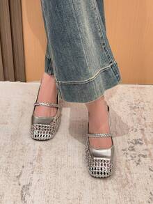 Xin Jing Shoes 女士编织圆头带粗跟穆勒鞋，休闲及办公场合皆宜，优雅玛丽珍鞋款，派对必备 - 銀色 - 查看 6