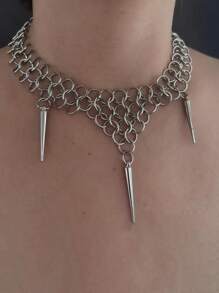 1 件几何圆形环绕锥形吊坠项链，带铆钉尖刺，多层朋克哥特式银项链，适合男女，日常佩戴或派对 - 銀色 - 查看 2