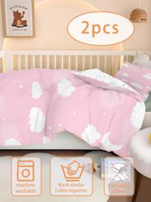 1/2pcs Set Reversible Cute Pink Cloud & Star Print Baby Bedding Set - Soft Hypoallergenic Baby Duvet Cover & Fitted Sheet Set - Multicolor - View 4