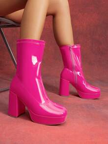 Women's Chunky Platform Mid-Calf Boots Waterproof Square Toe Fashionable Lightweight Comfort Elegant Bright Solid Color Side Zipper Classic For Parties Dress Festival Ankle Go Go Hot Pink Boots - Màu Hồng Tươi - Xem 5